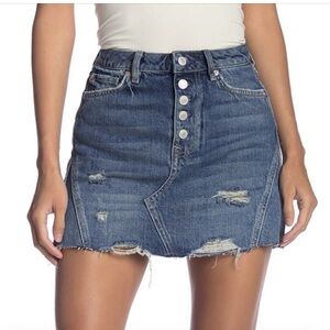 We the Free Denim Button-Fly Distressed Mini Skirt